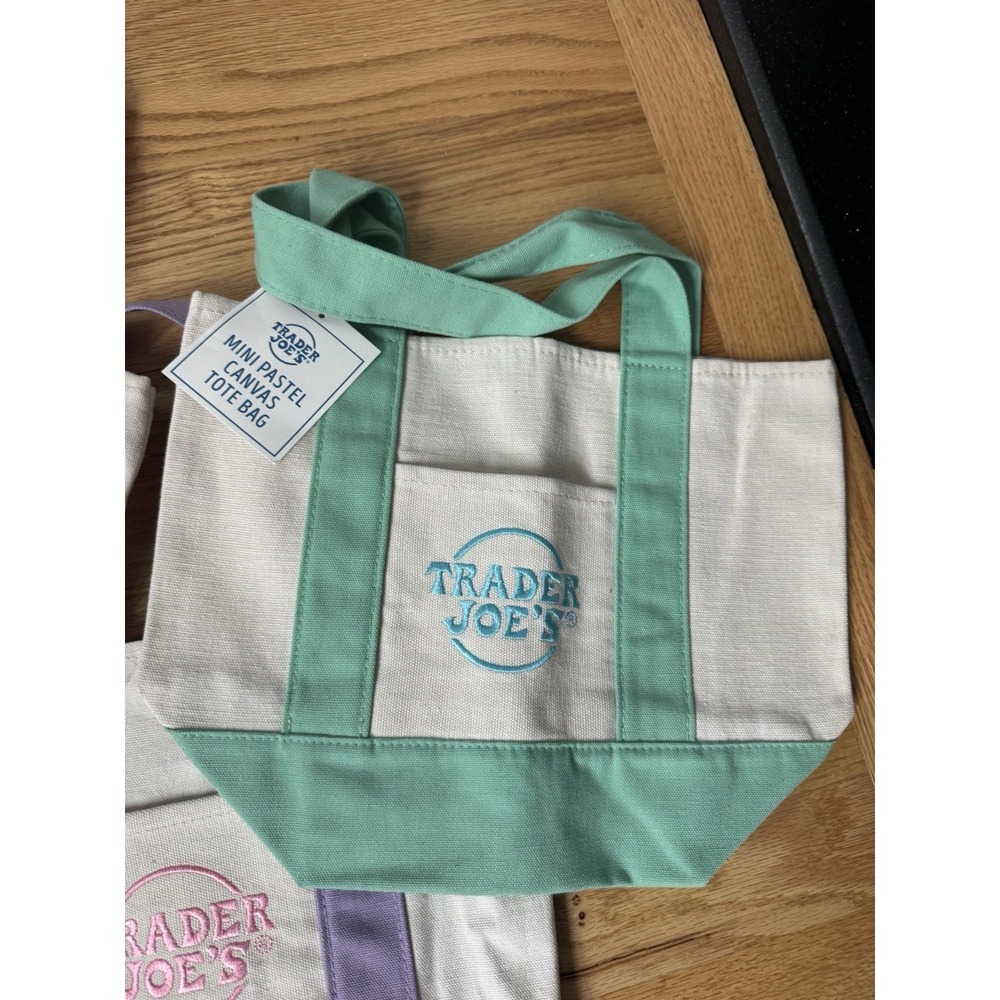 Trader Joe's Mini Pastel Canvas Tote Bag Set Of 4 Pink Blue Green Purple New - Picture 6 of 6